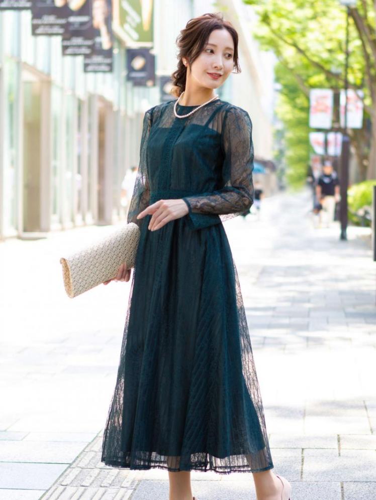 ストライプフラワーレースドレス(ダークグリーン)CR1-406GR-L