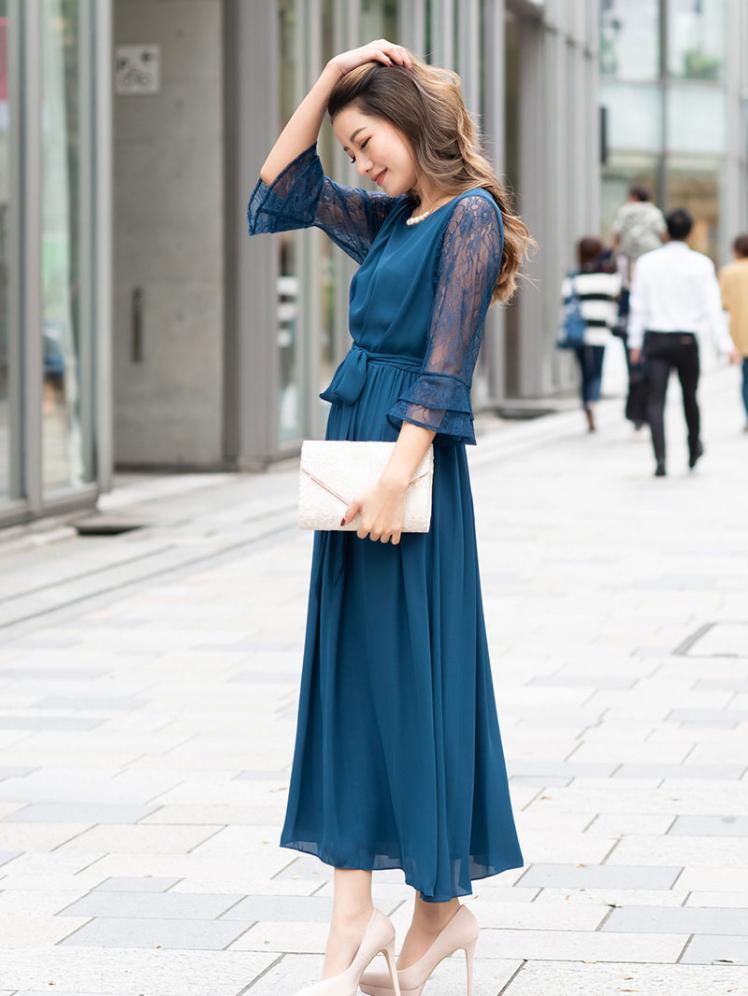 リボン付レースロングドレス(グリーン)CR1-327GR-L | パーティドレス