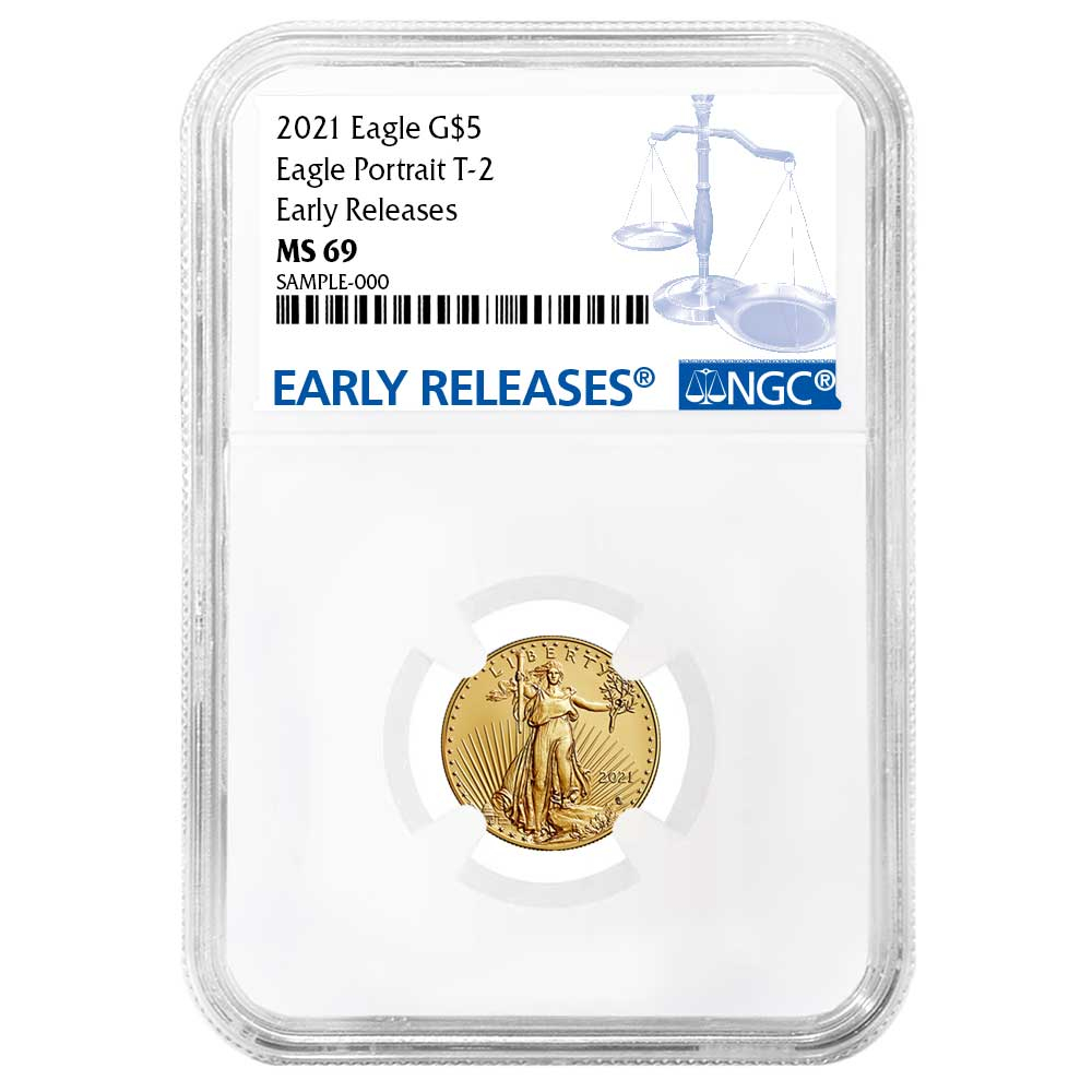 2021 $5 Type 2 American Gold Eagle 1/10 oz NGC MS69 ER Blue Label