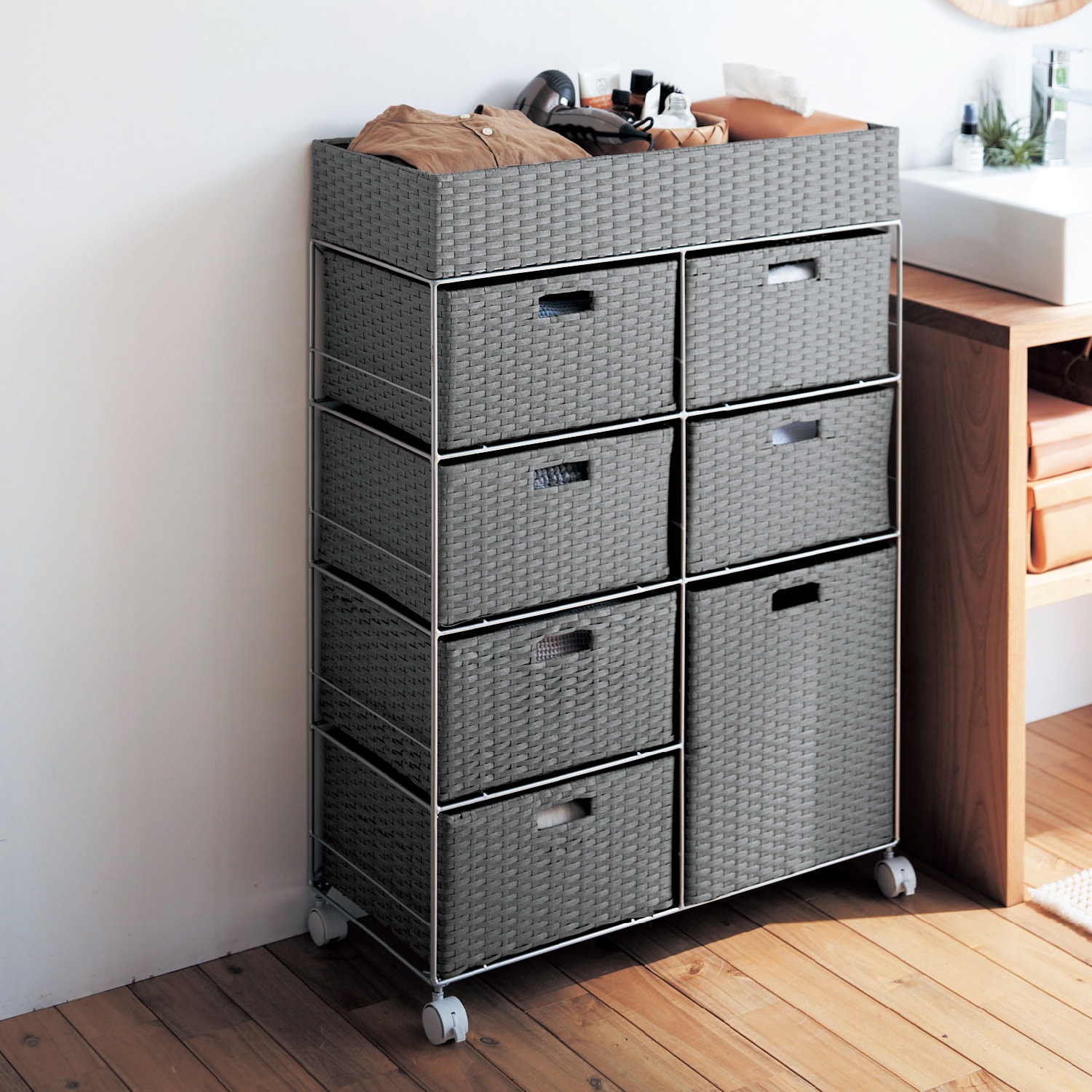 ラタン調樹脂のランドリーワイドチェスト（洗面所収納/隙間収納