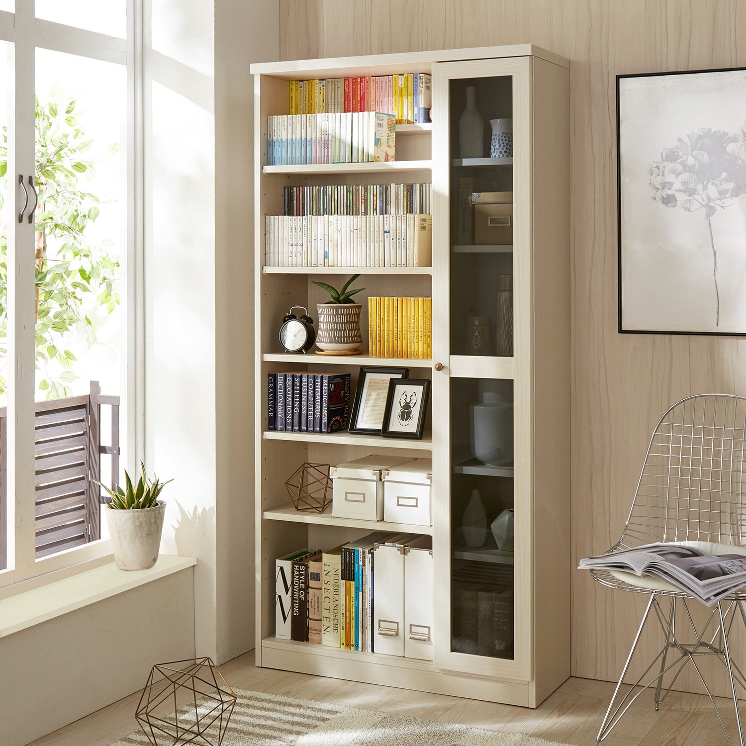 日本製］ダブル棚板の扉収納付きオープンラック・本棚（本棚/書棚