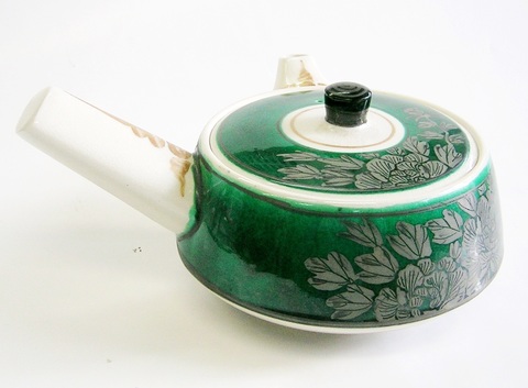 昭和レトロ 九谷焼 手描き銀彩牡丹 急須 500cc 錦園窯【通販/大きい