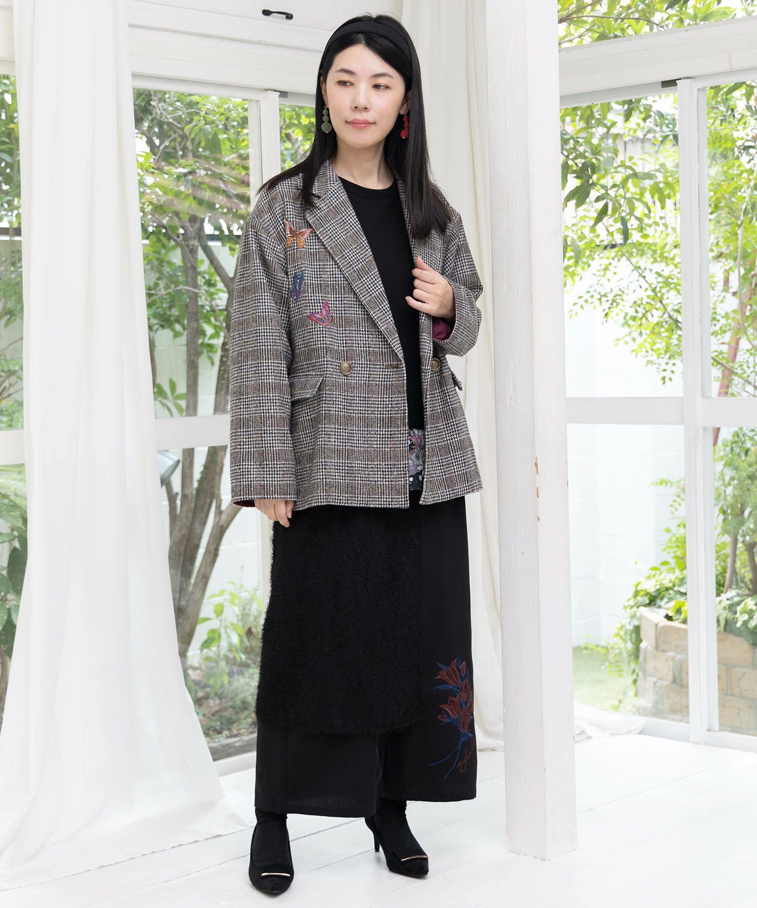 553251：花蝶刺繍のオーバーサイズ チェック柄ジャケットの通販-ScoLar