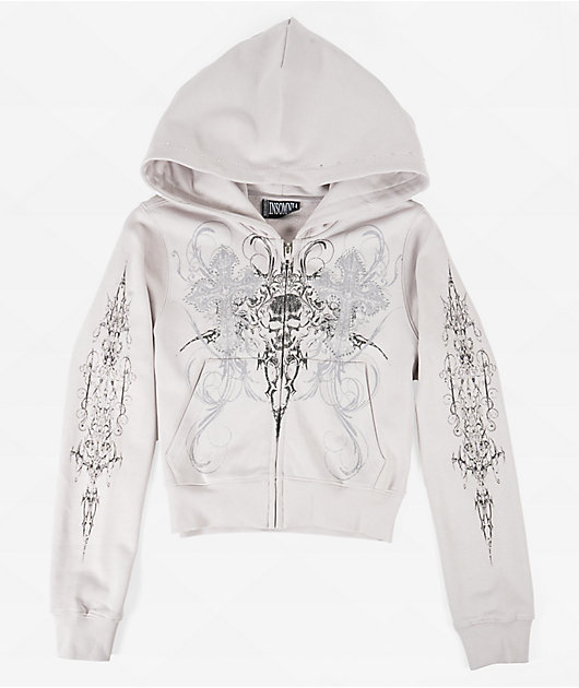 Insomnia Visuals Double Cross Rhinestone Grey Crop Zip Hoodie | Zumiez
