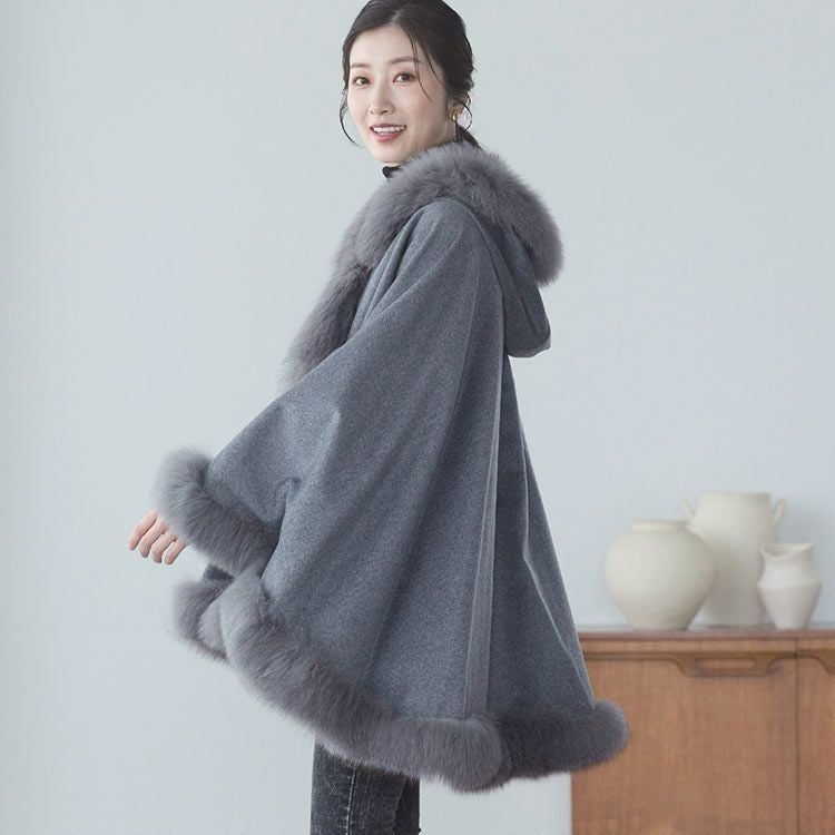 カシミヤ ケープ レディース マント フォックスファー カシミヤ100
