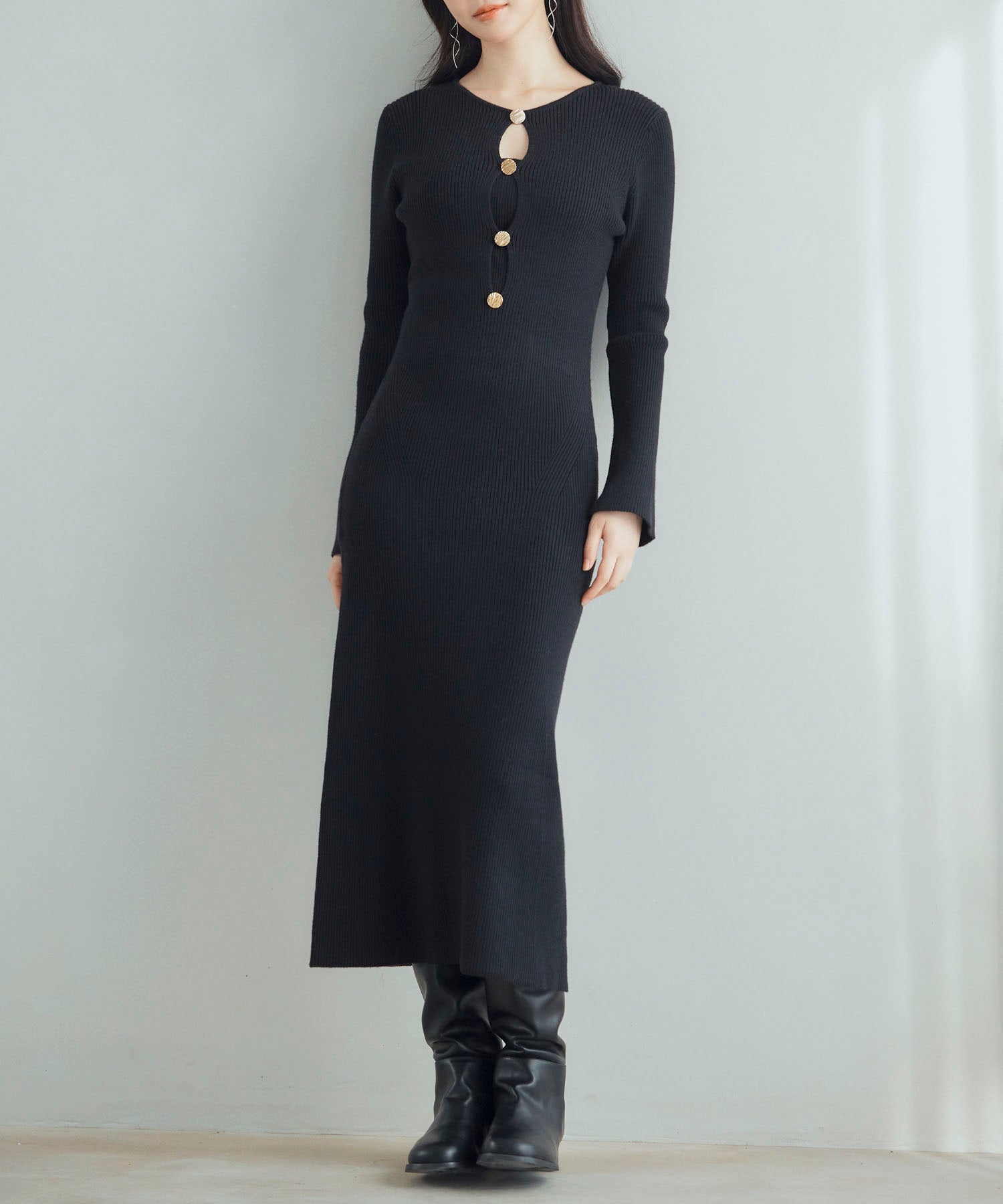 涙開き風ミモレ丈ニットワンピースsdpxyf3300 ブラック – [公式]SAISON