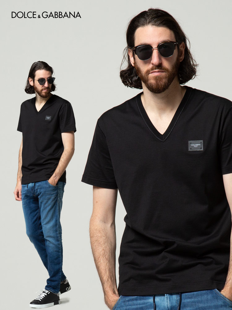 DOLCE&GABBANA (ドルチェ&ガッバーナ) ロゴプレート Vネック 半袖 T
