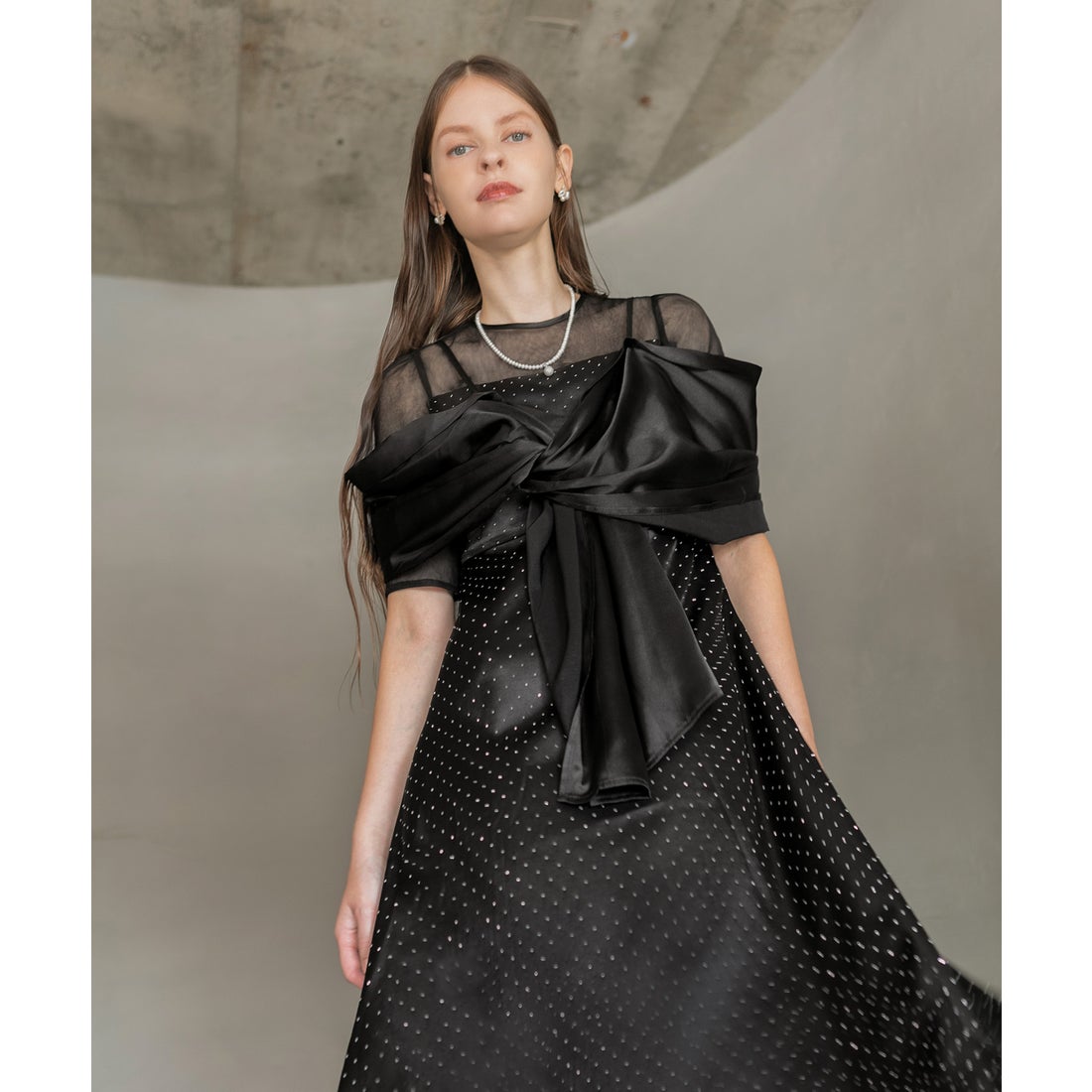 レジャ Leja 2WAYフロントリボンボレロストーンドット柄Aラインドレス