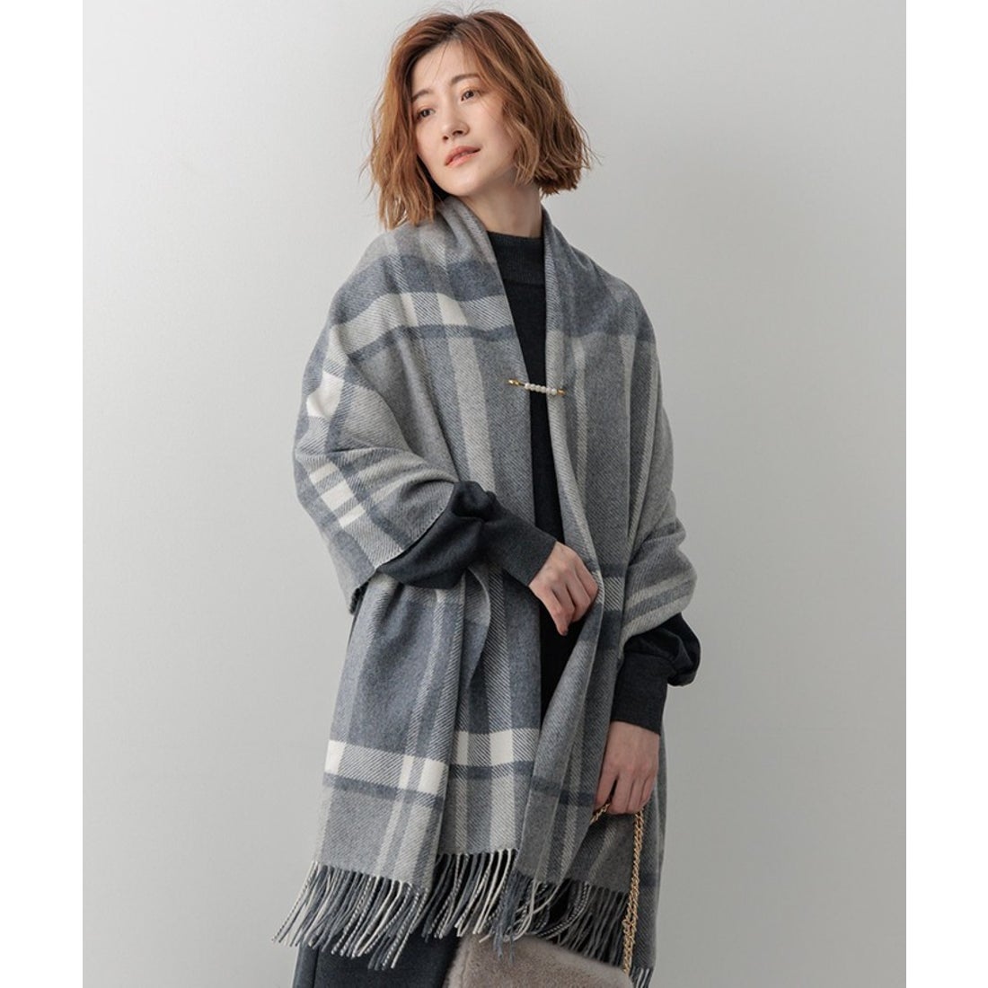 ニジュウサンク 23区 カシミヤ チェック ストール （グレー系