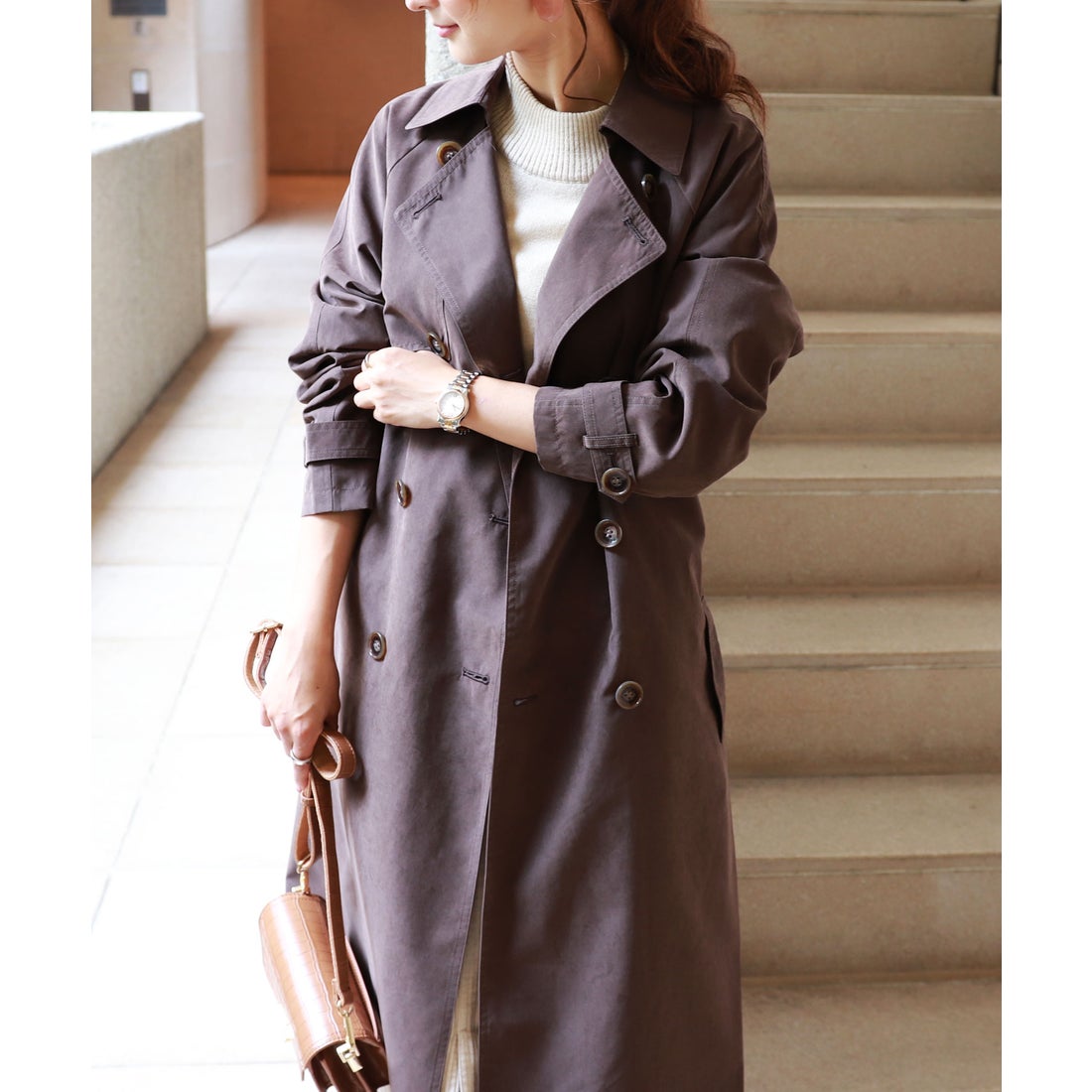 アンドミー andme ピーチスキン ベーシック ロング ダブル トレンチ