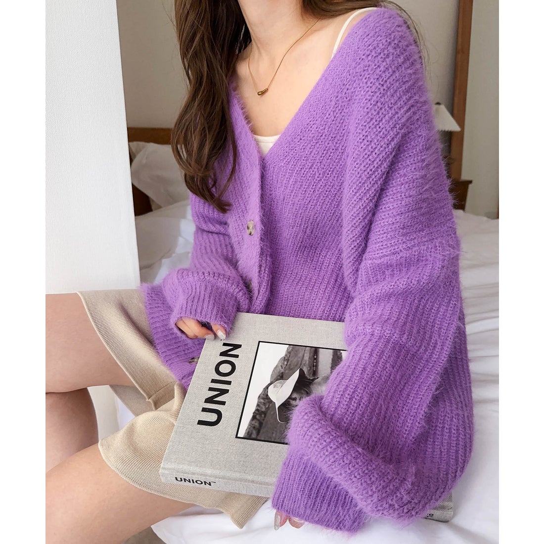 アンドミー andme 片畦編みフェザーヤーン長袖ニットカーディガン