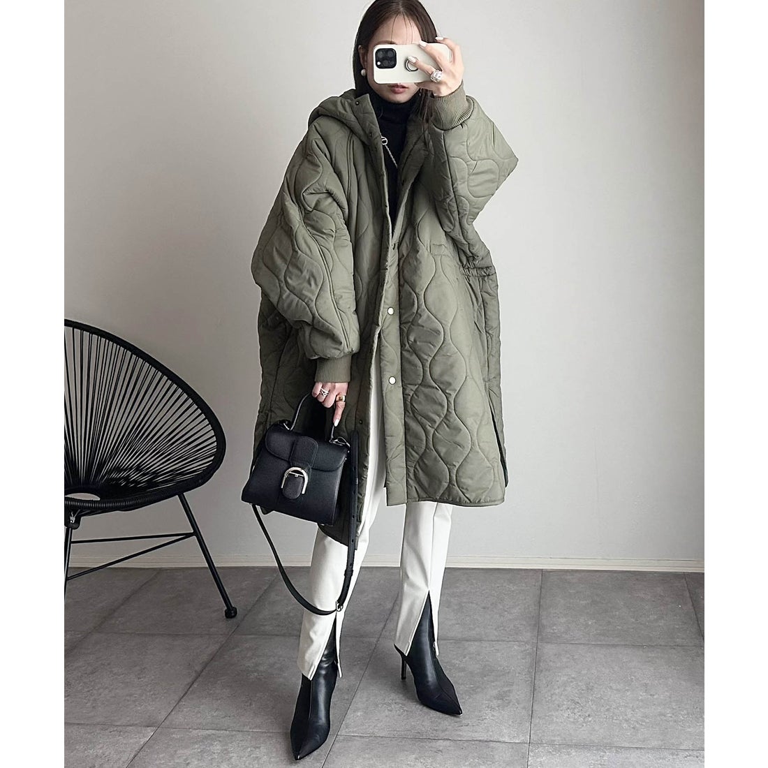 アンドミー andme フード付き キルティング ロング コート （カーキ