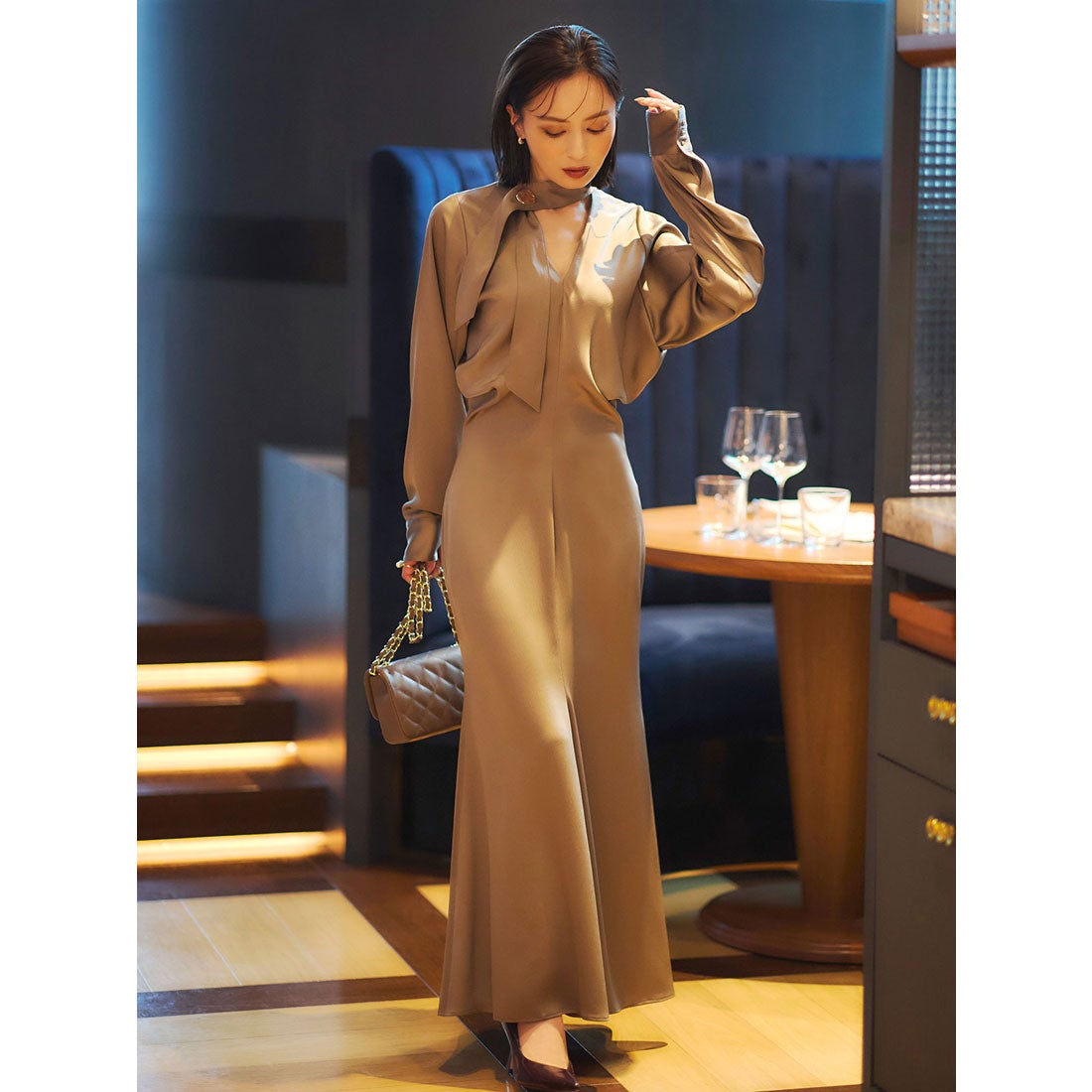 アニュアンス anuans ボウタイドレープワンピース （KHAKI BEIGE