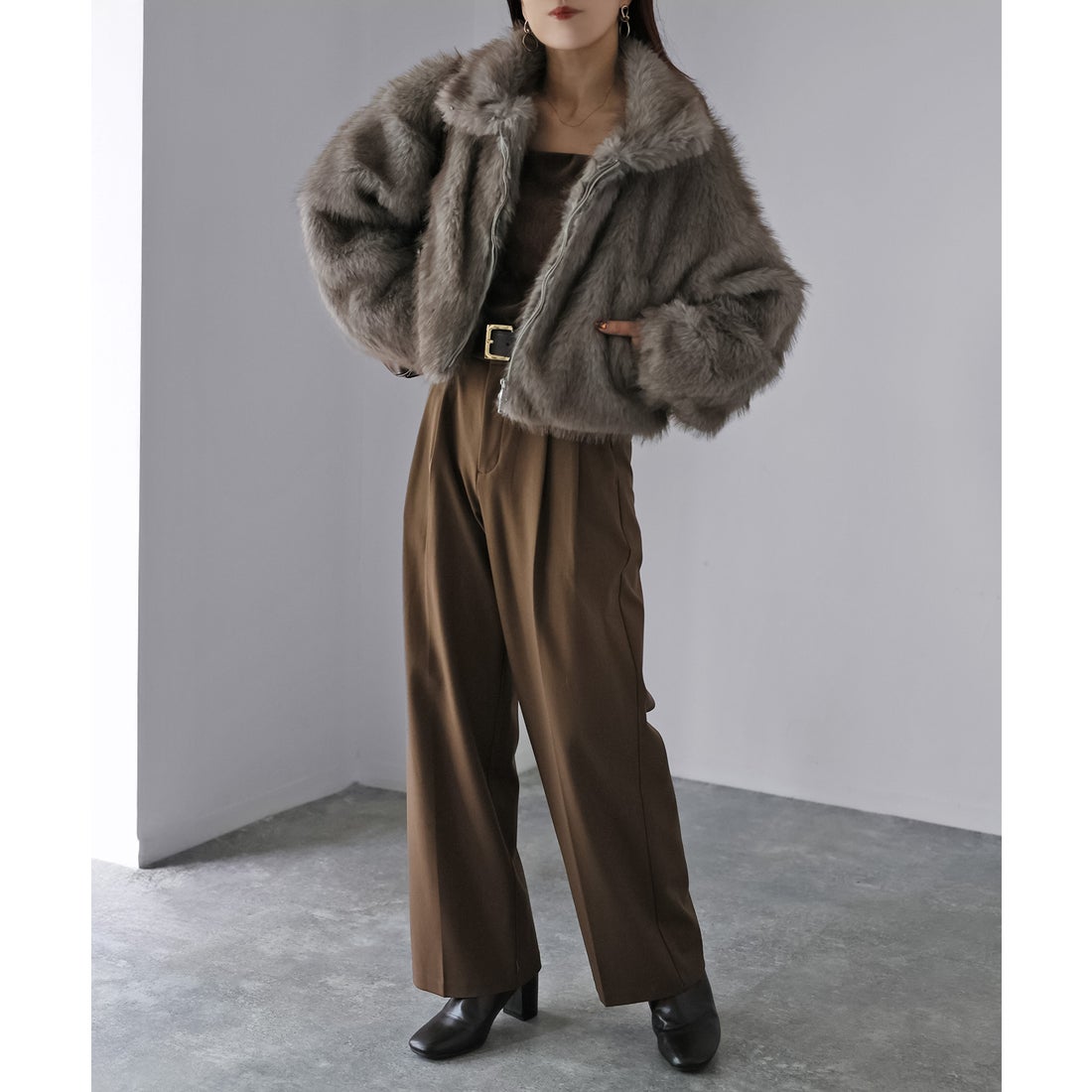 リベリー Riberry ダブルジップ2WAYミックスファーブルゾン （ブラウン