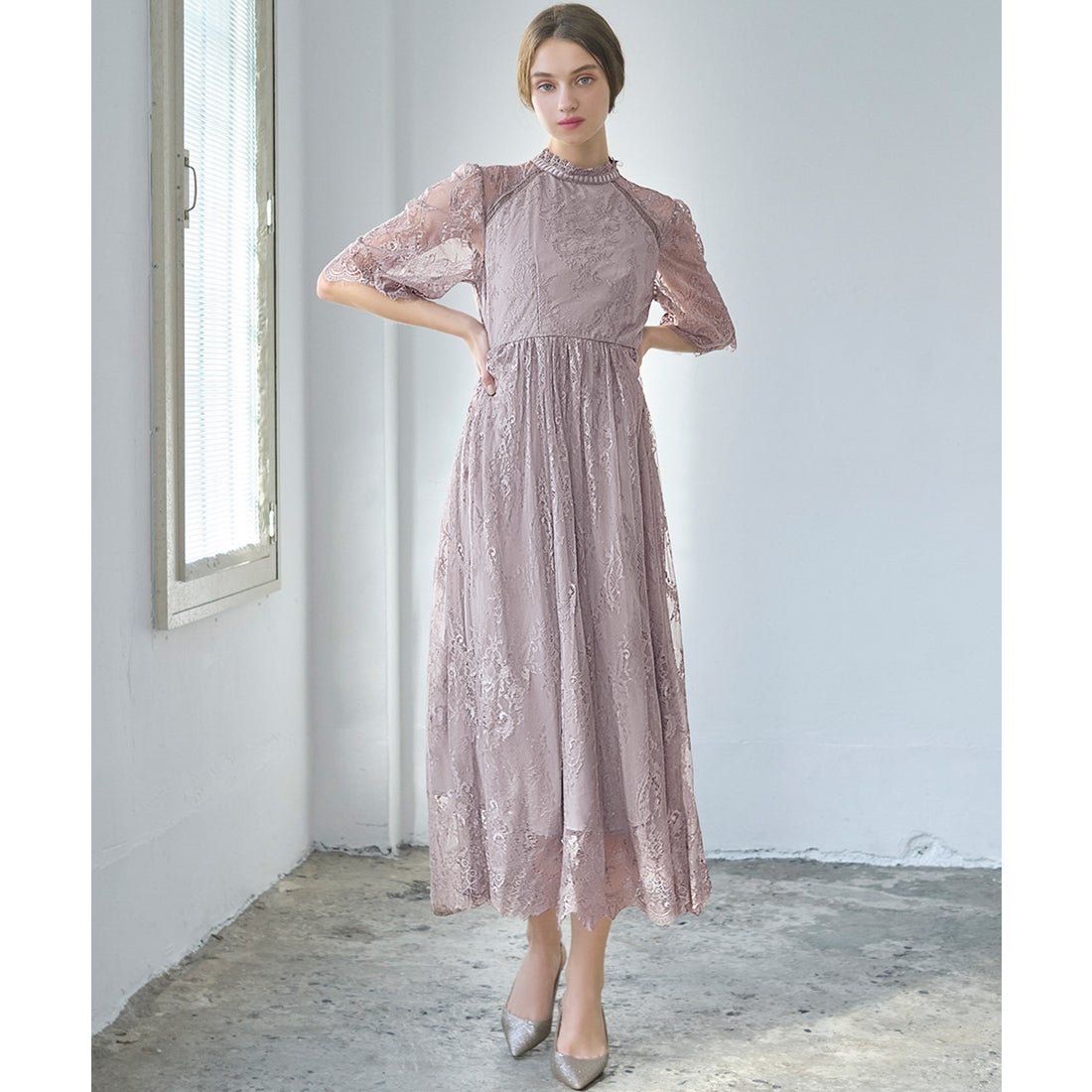 ガール GIRL ハイネック5分袖総レース フレア ロング 結婚式