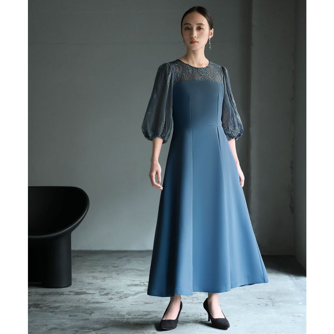 ガール GIRL レース切替えパフスリーブ フレア ロング 結婚式