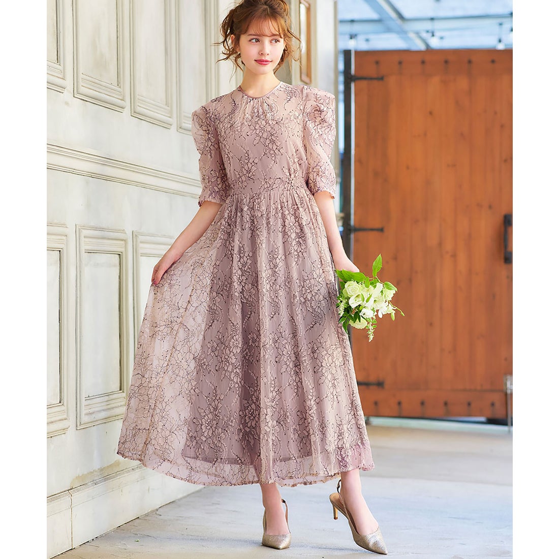 ガール GIRL パフスリーブ総レース フレア ロング 結婚式 ワンピース