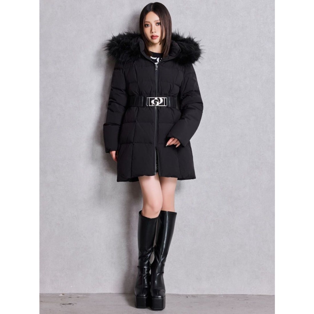 ジェイダ GYDA GDベルト付きロングダウンコート （ブラック） -靴