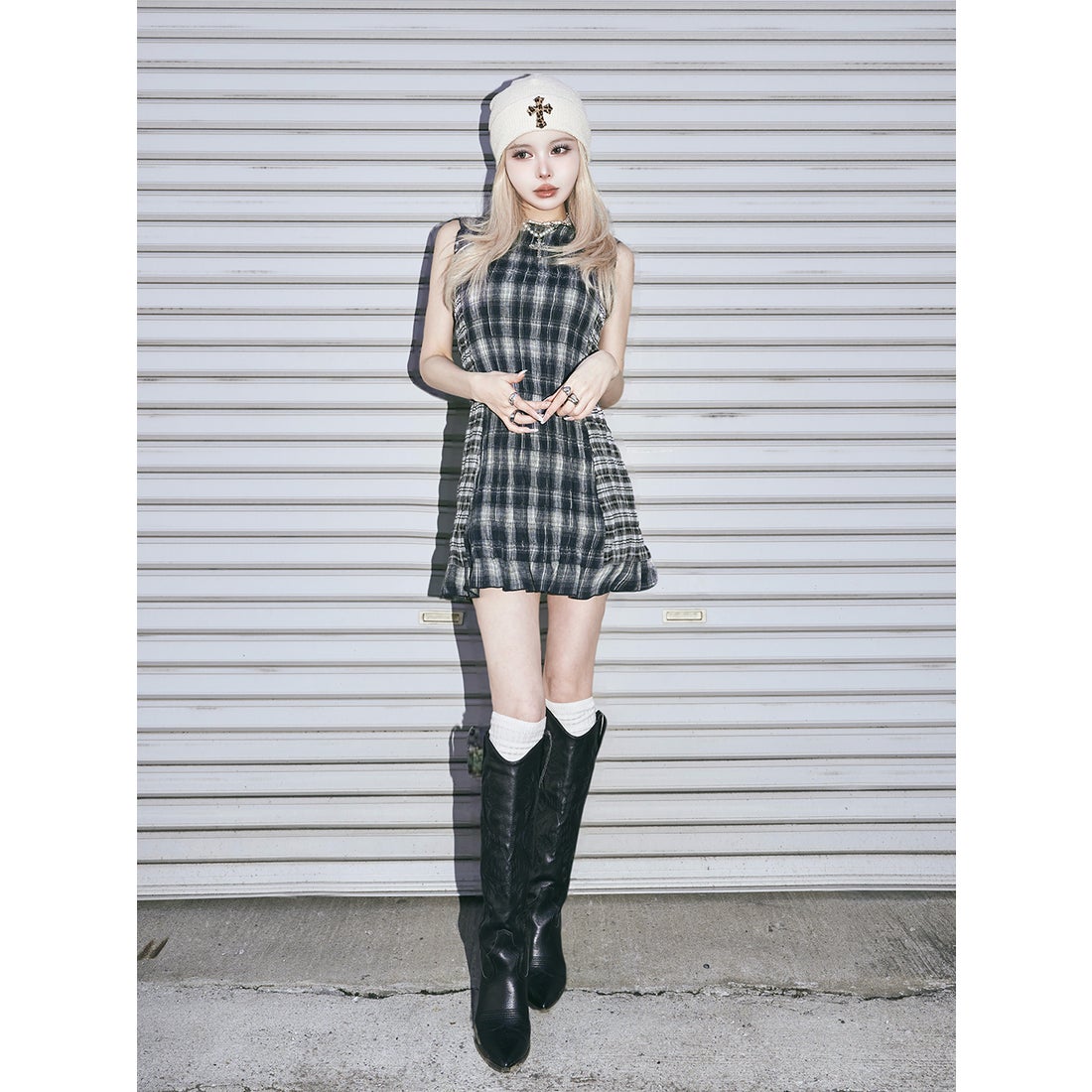 ダーリッチ Darich チェックコンビミニワンピース （ブラウン