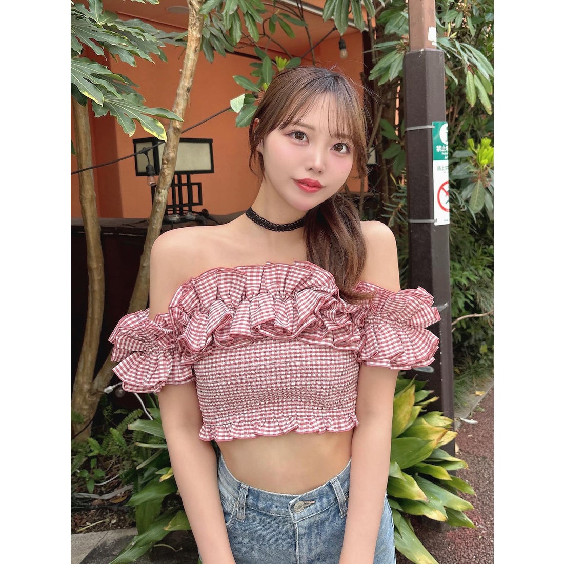 ダーリッチ Darich ギンガムチェックオフショルトップス （レッド