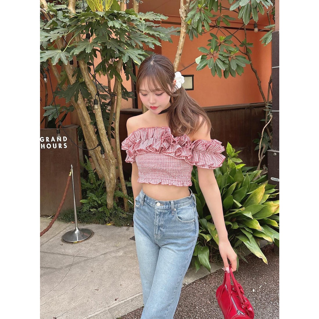 ダーリッチ Darich ギンガムチェックオフショルトップス （レッド