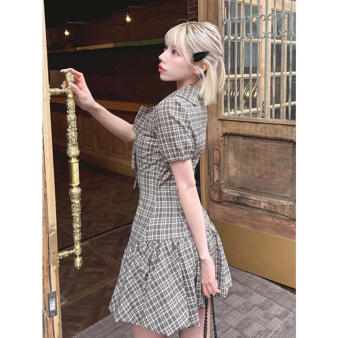 ダーリッチ Darich ビッグリボンバルーンチェックミニワンピース