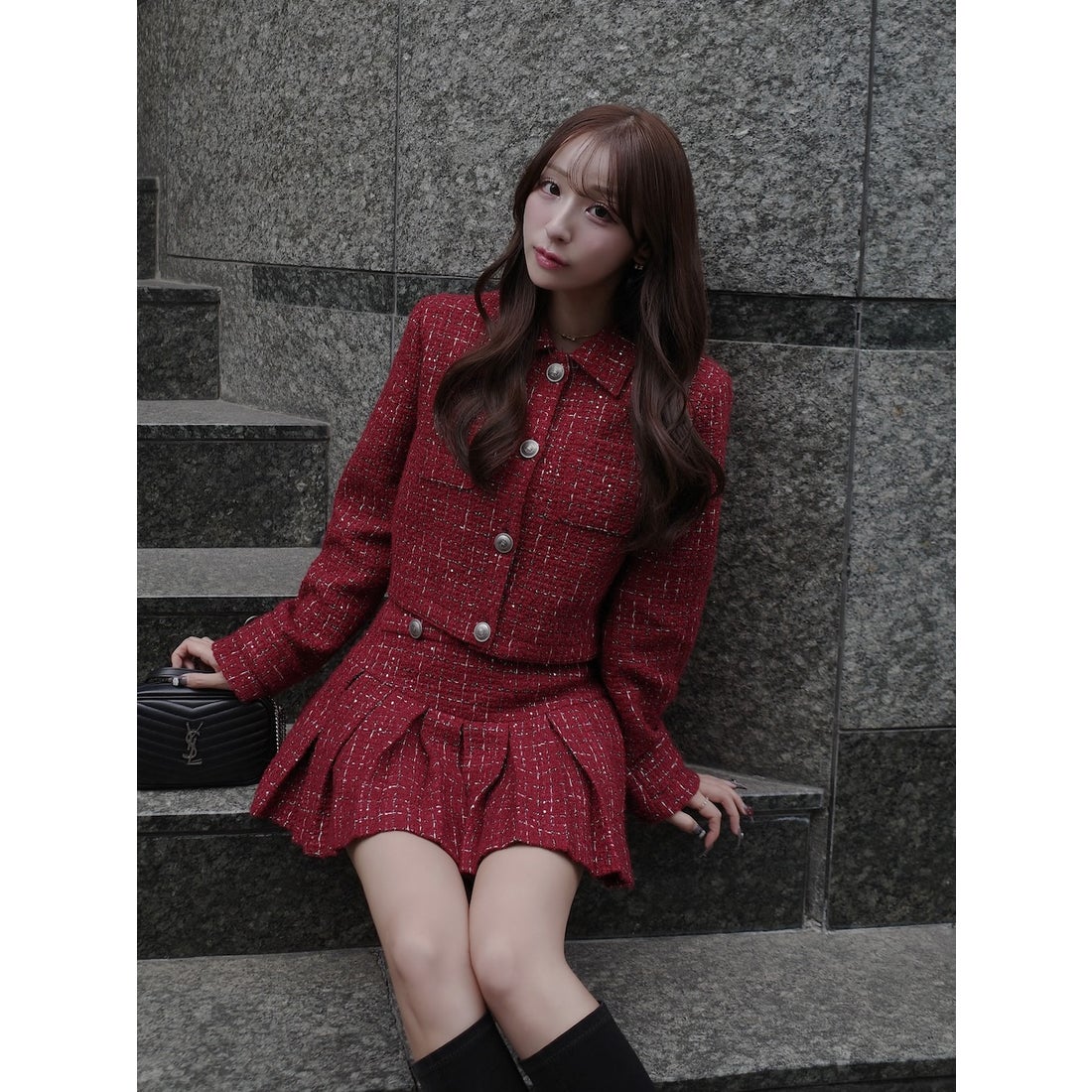 ダーリッチ Darich ツイードチェックプリーツミニスカート （ボルドー