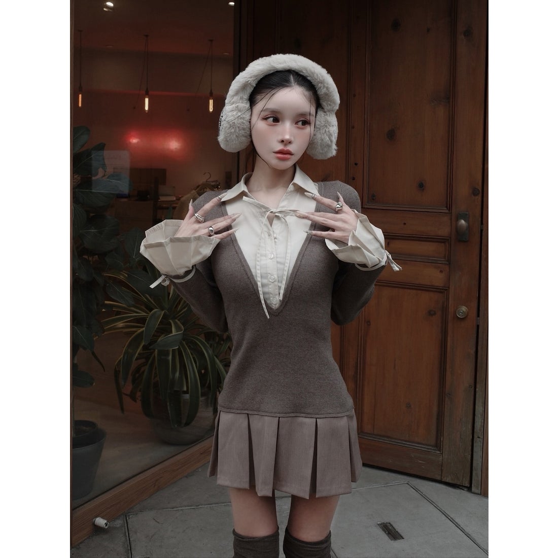 ダーリッチ Darich シャツドッキングプリーツミニワンピース （モカ