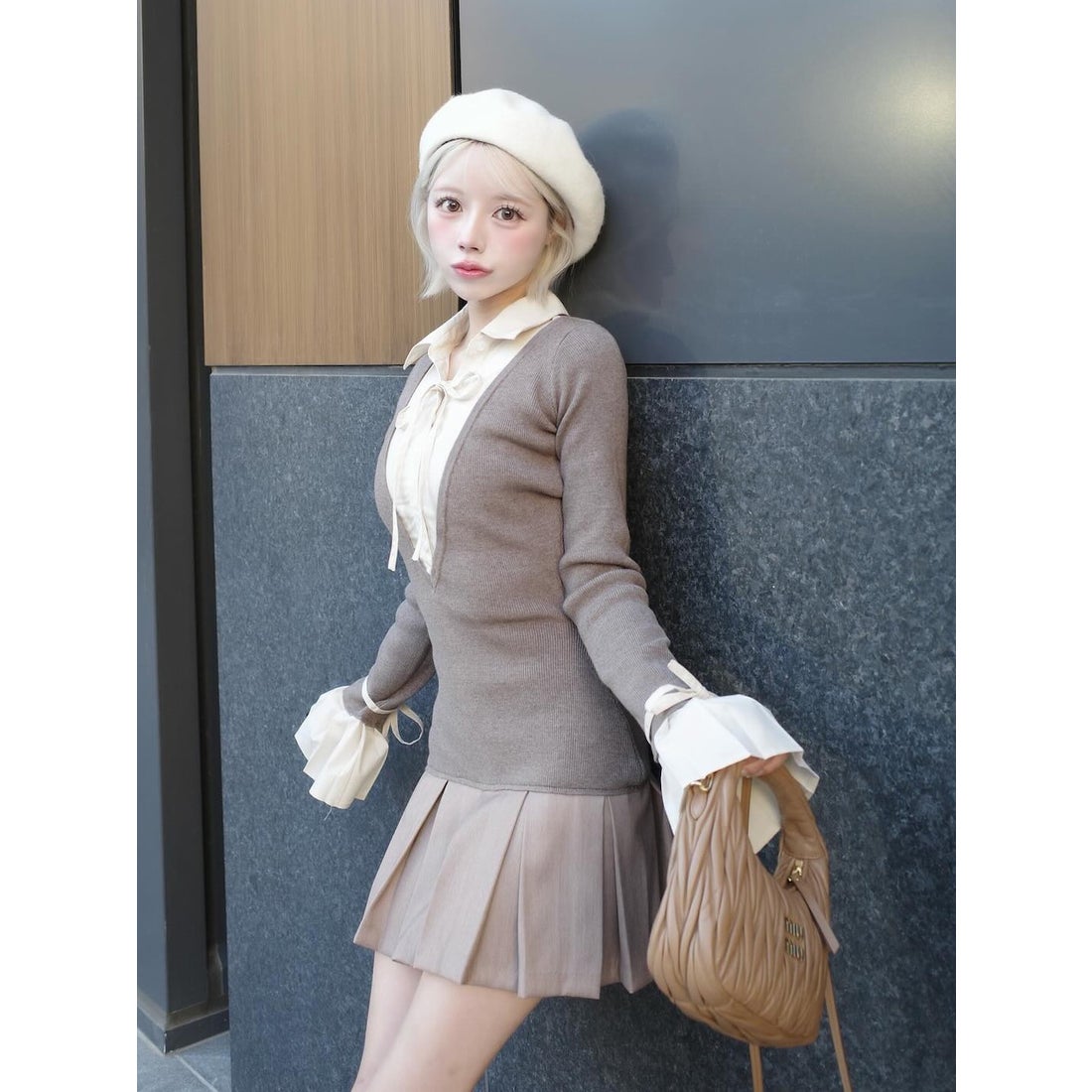 ダーリッチ Darich シャツドッキングプリーツミニワンピース （モカ