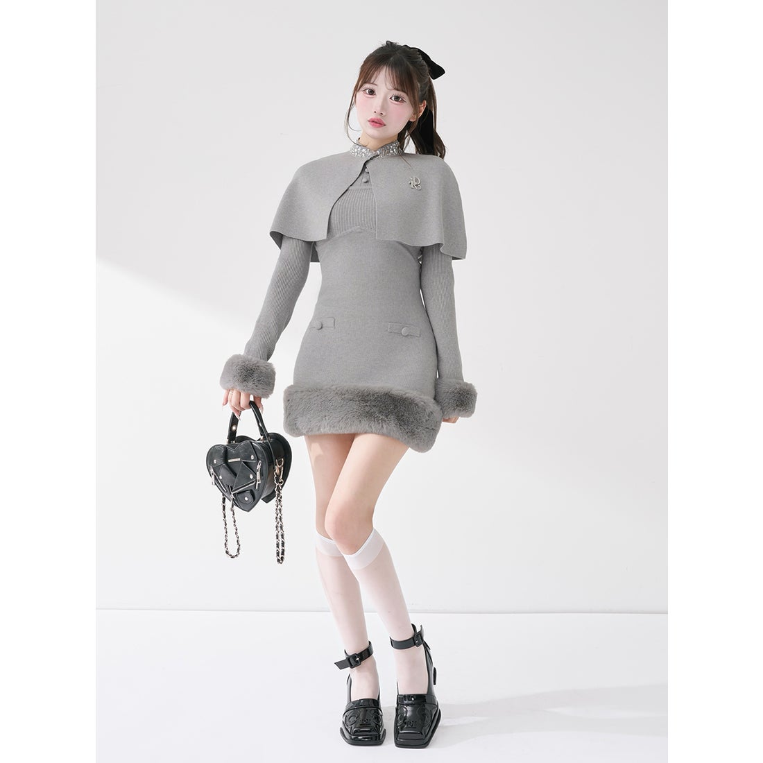 ダーリッチ Darich ビジューケープニットミニワンピース （グレー