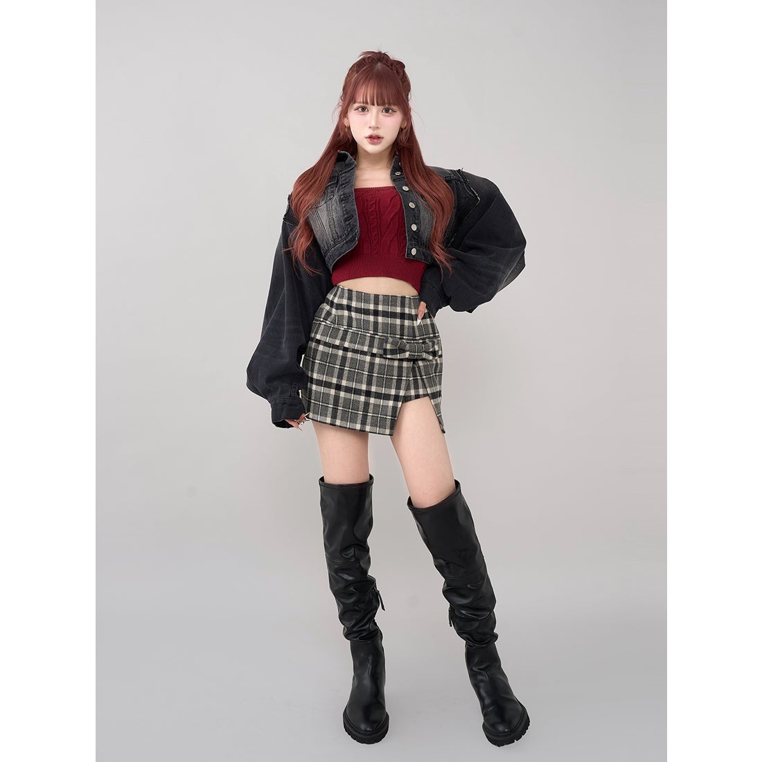 ダーリッチ Darich スリットチェックリボンミニスカート （グレー