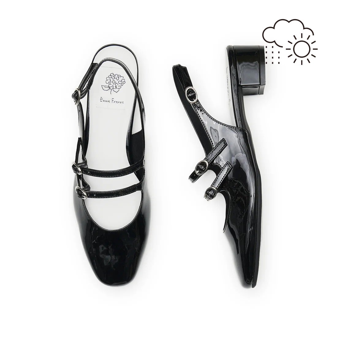 レイン対応】ダブルストラップ 3cmミュール （ブラック エナメル