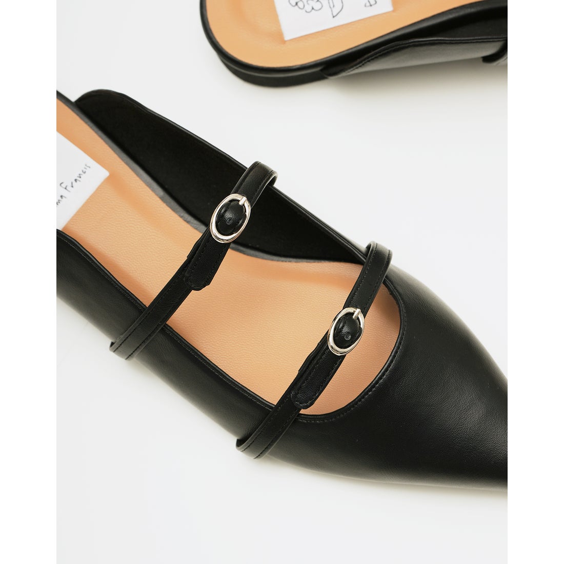 ダブルストラップ フラット ミュール （ブラック スムース） -Emma