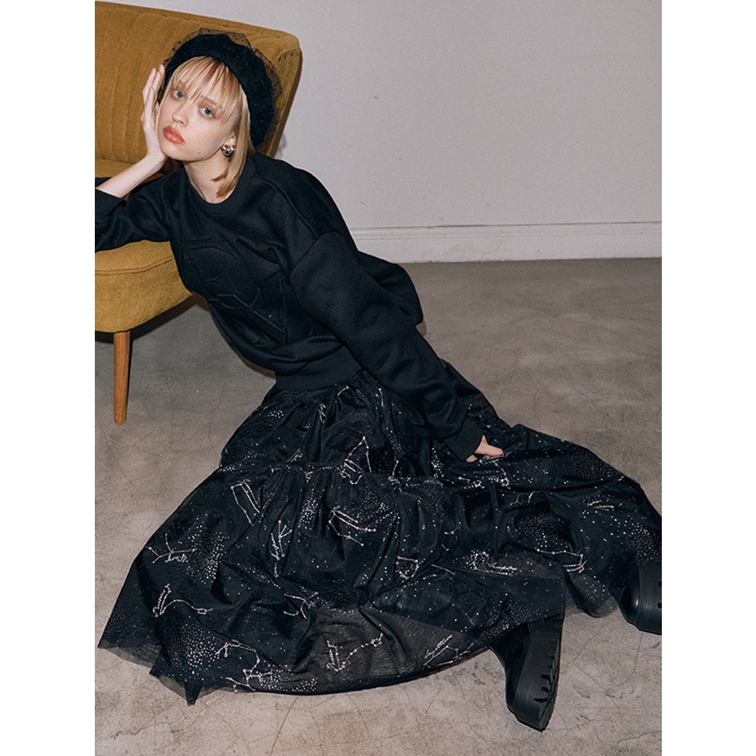 1133】アナイ エンブロイダリーチュールマーメイド スカート 黒 リーフ