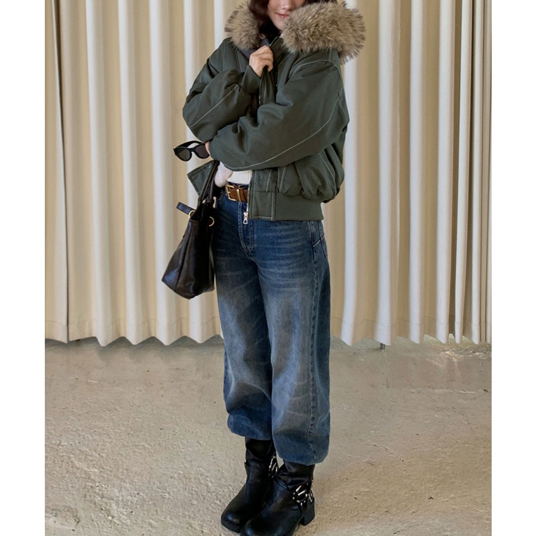 希少 DALL ボンバーフライトジャケット カーキ L 襟ボア肉厚ブルゾン