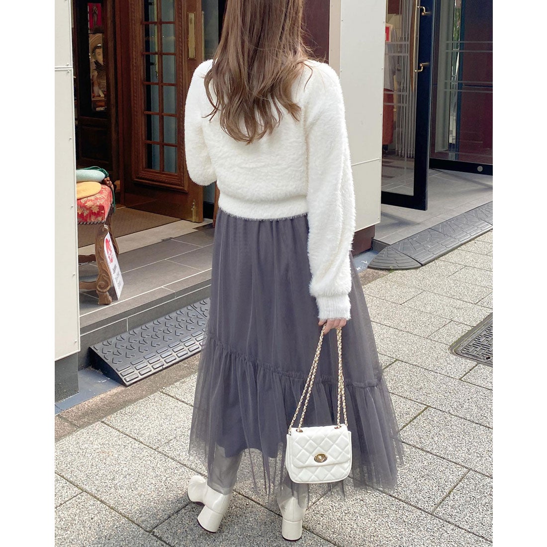 イング INGNI 12G VNリボン釦フェザーニットカーディガン （アイボリー