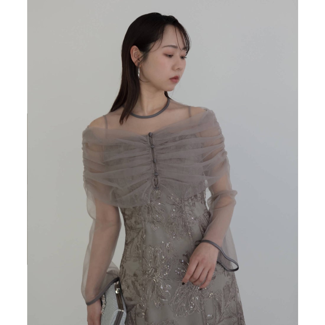 レジャ Leja チュールオフショルダー花柄Iラインドレスワンピース美脚