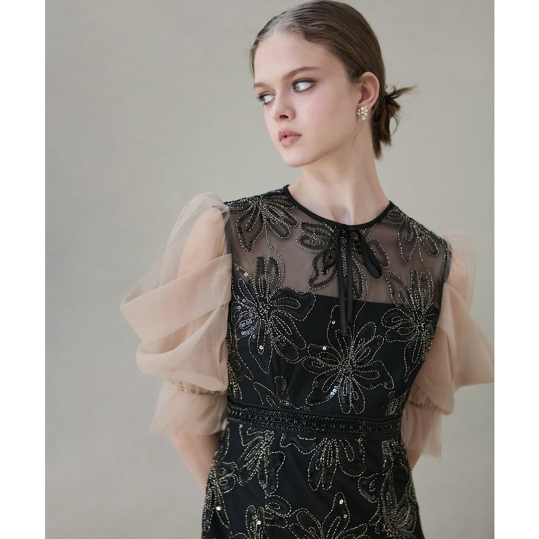 レジャ Leja スパンコールフラワーリボンチュールワンピースドレス