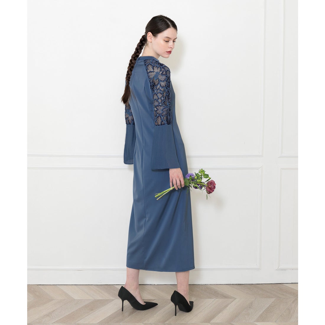 レジャ Leja レース切替スリットAラインロングドレスワンピース美脚