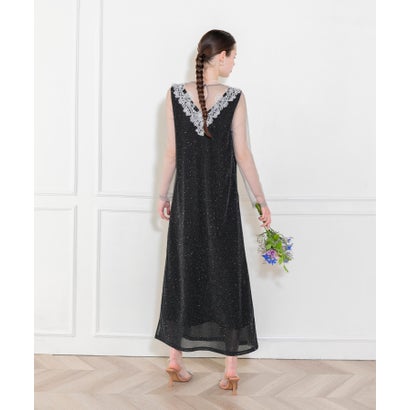 レジャ Leja レースネック透け袖スリットキラキラロングドレス