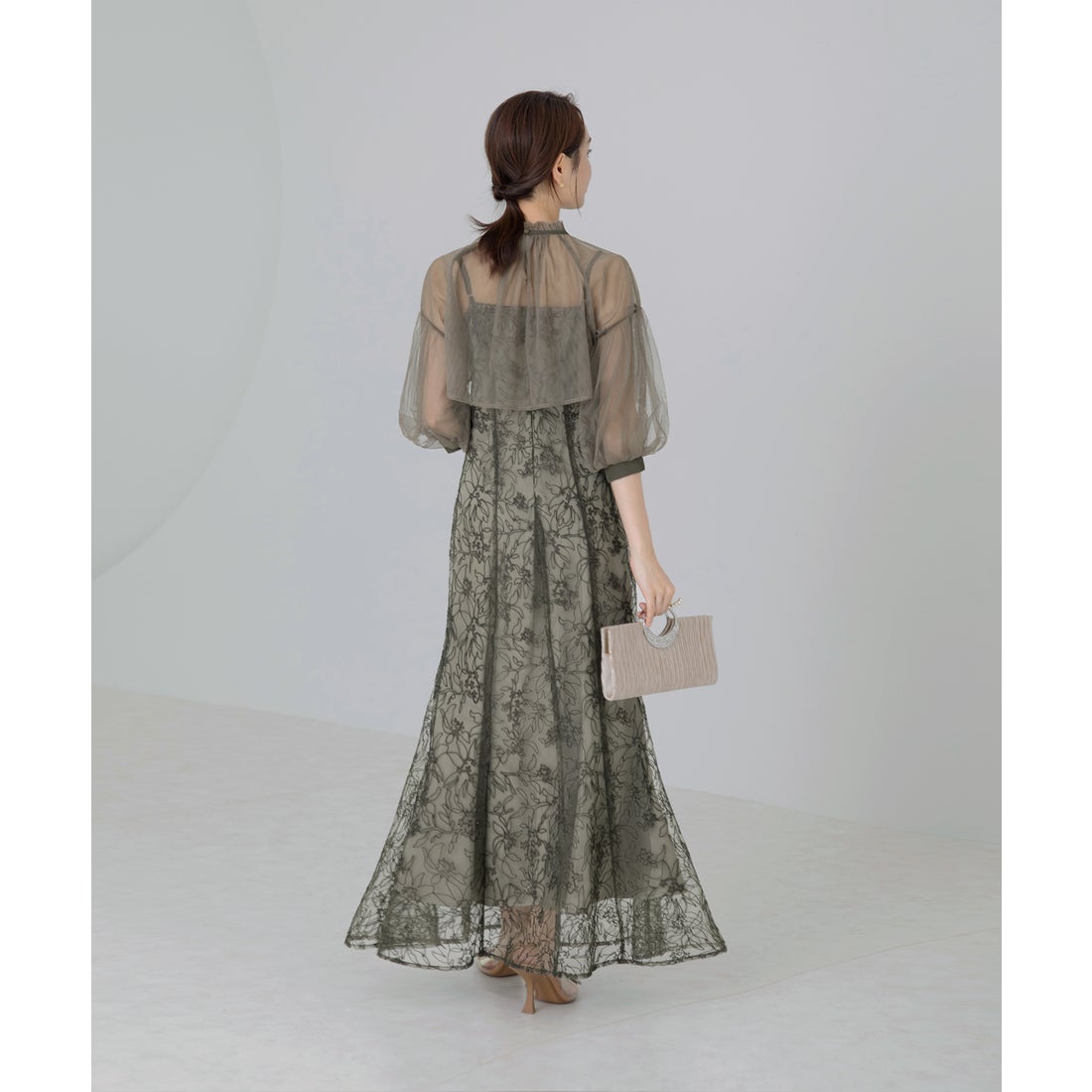 レジャ Leja リボン付きパフスリーブシアーボレロ刺繍レースマーメイド