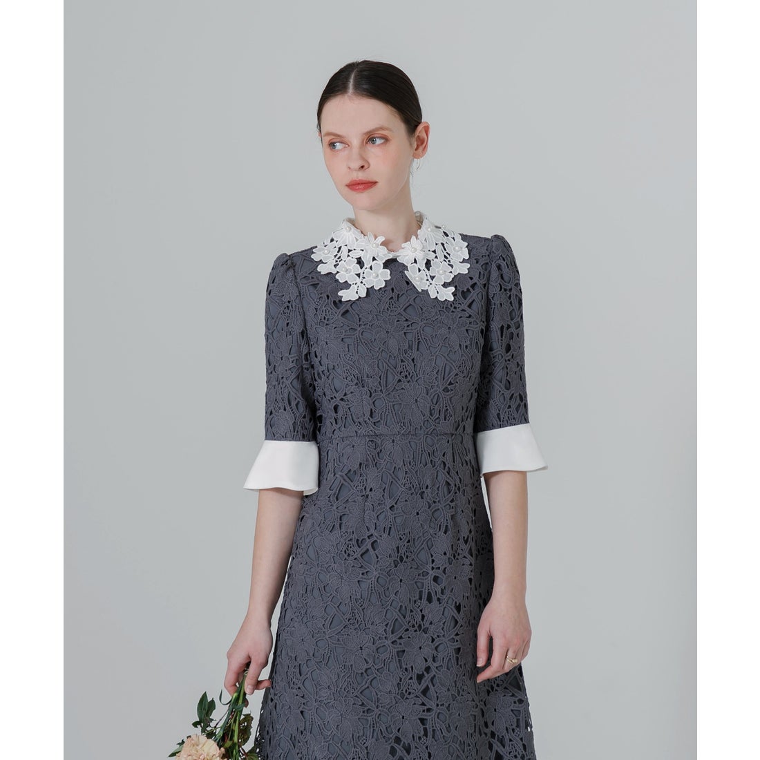 レジャ Leja 花柄レースカラースパンコール刺繍Aラインフレアドレス