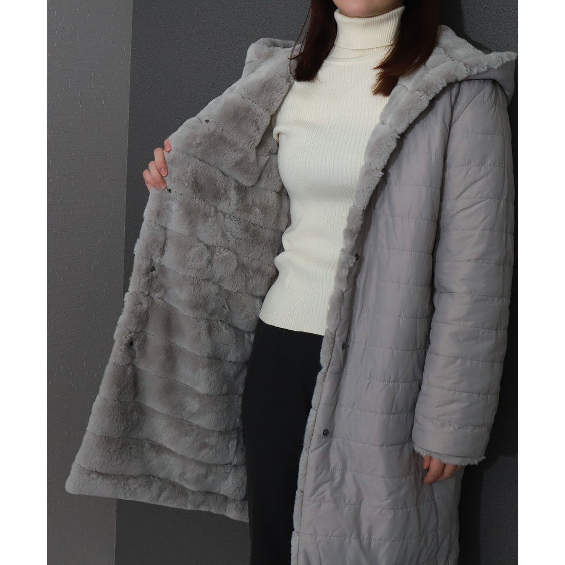 リベル モア libelle more ボーダーフェイクファーリバーシブルロング