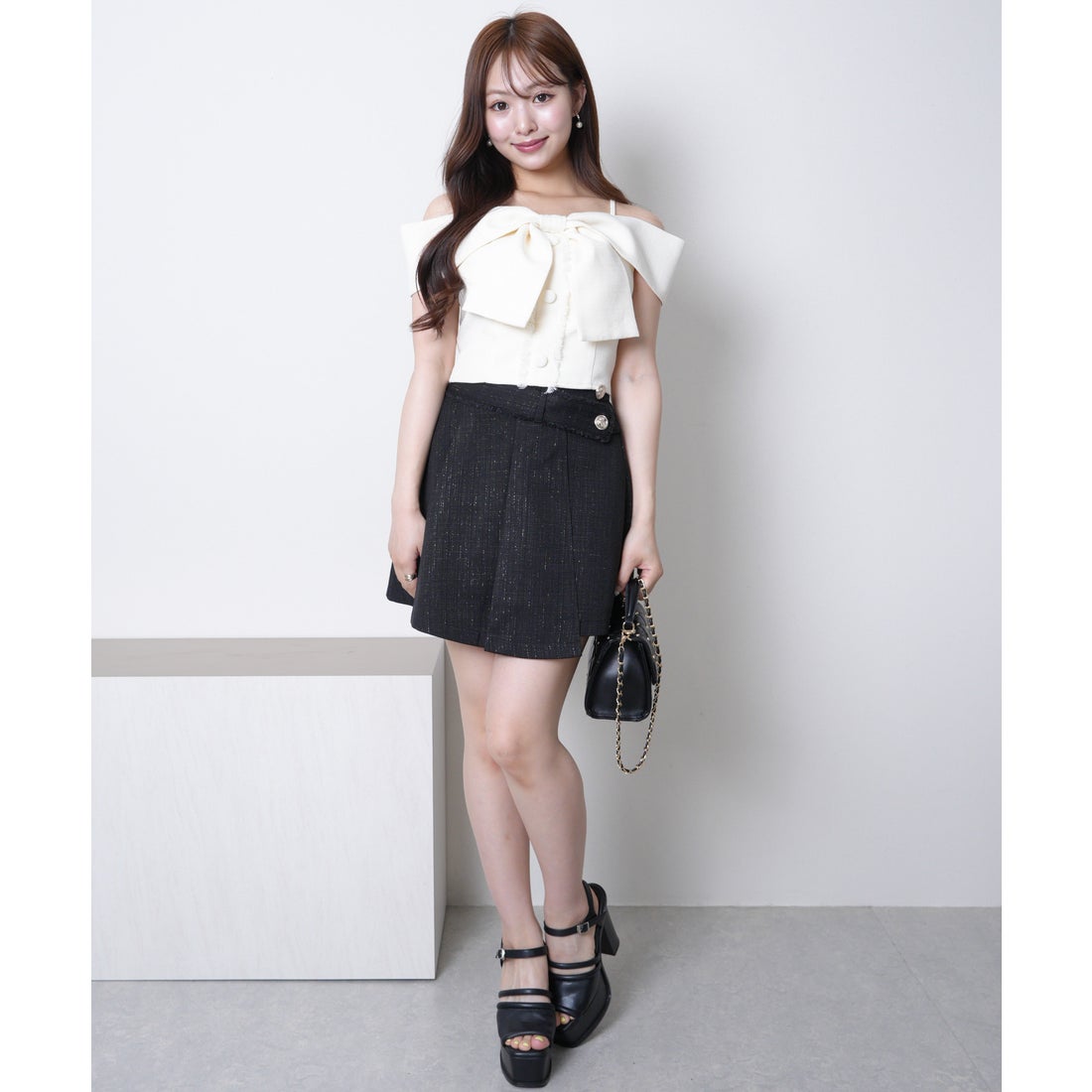 リップサービス LIP SERVICE ツイードリボンオフショルトップス