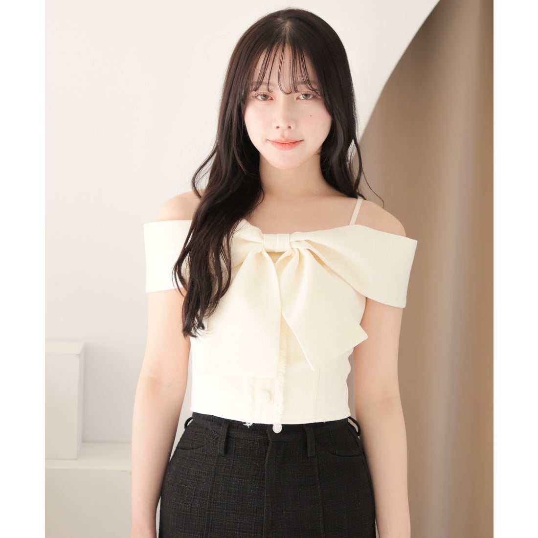 リップサービス LIP SERVICE ツイードリボンオフショルトップス