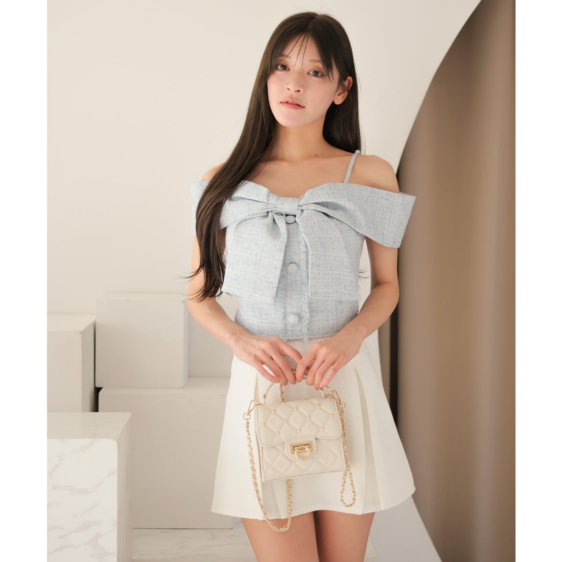 リップサービス LIP SERVICE ツイードリボンオフショルトップス