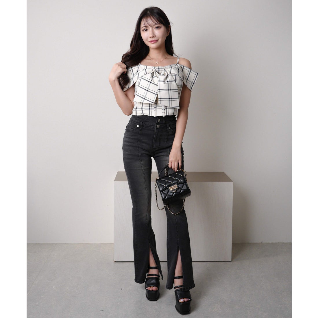 リップサービス LIP SERVICE ツイードリボンオフショルトップス