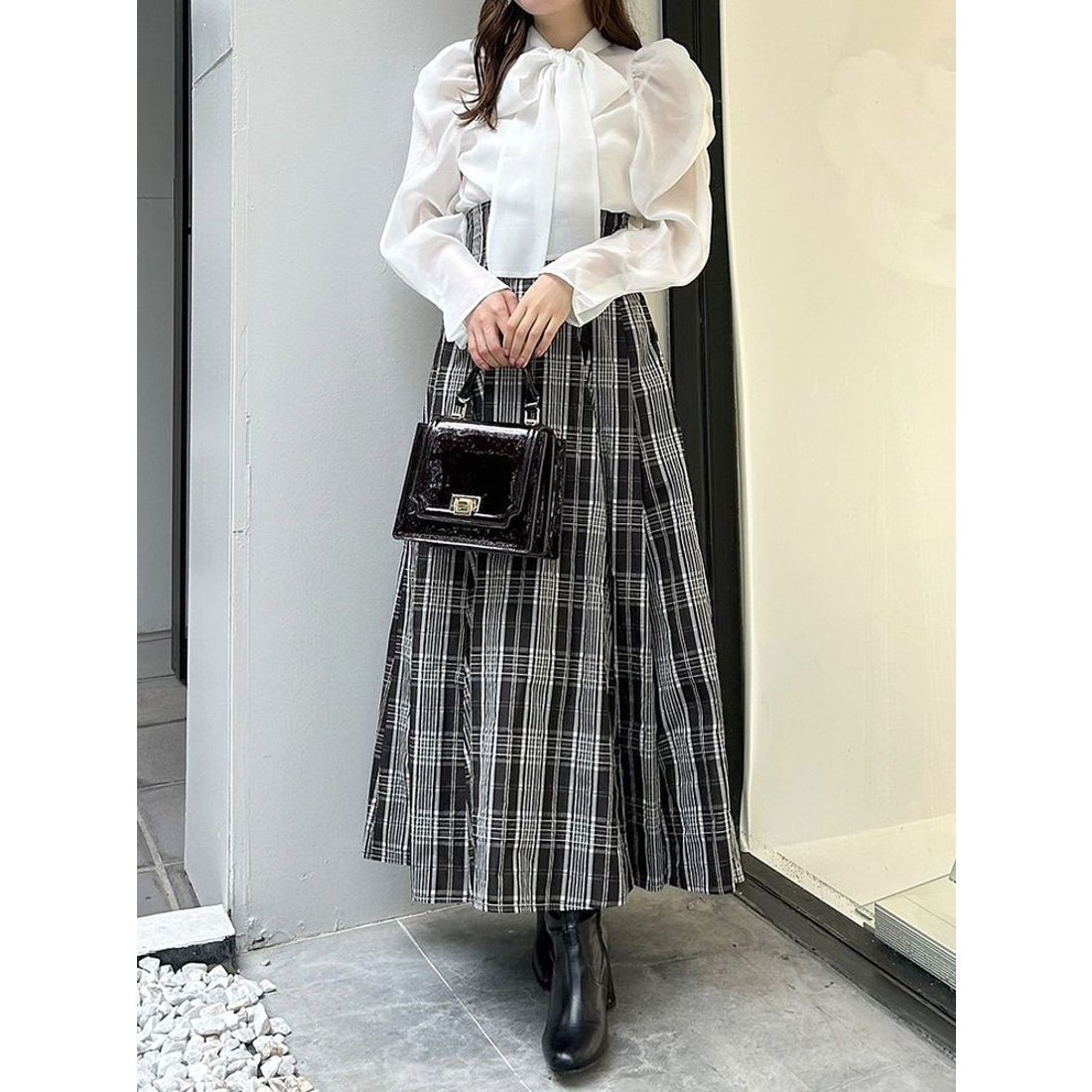 MERCURYDUO コルセットチェックフレアスカート（ネイビー