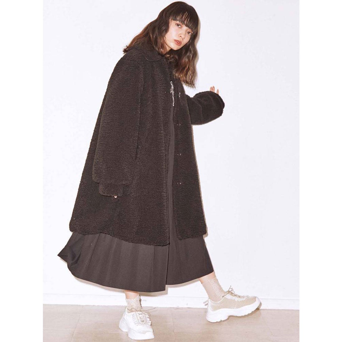 merry jenny ボアステンカラーAラインコート（ブラック） -靴