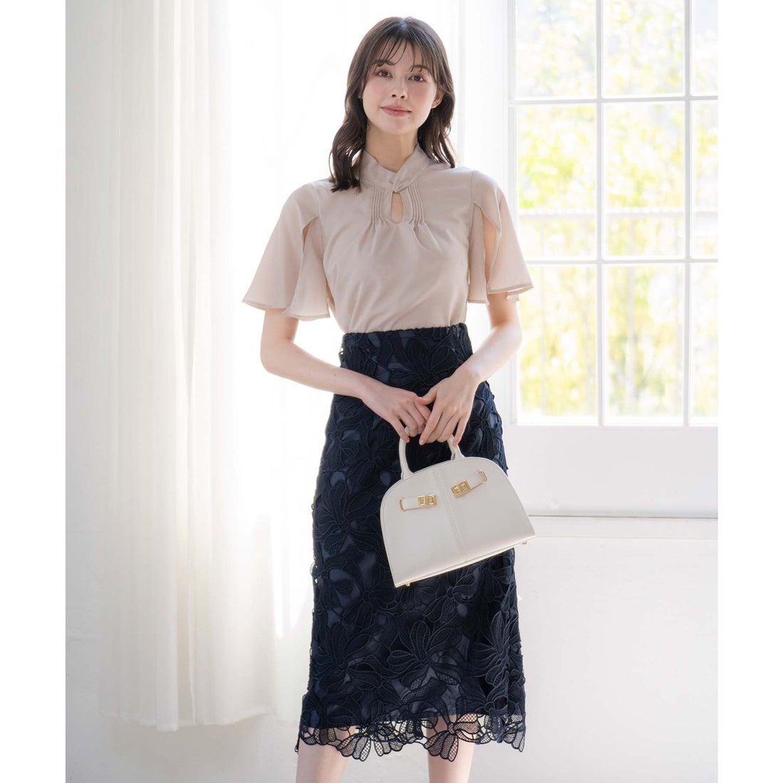 ノエラ NOELA リボンレースナロースカート （ネイビー） -ファッション